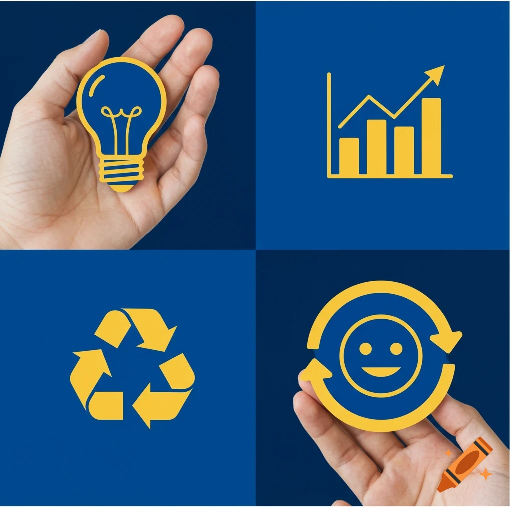Four icons in a quadrant: hand with lightbulb, bar graph, recycle symbol, hand with smiley cycle, all yellow on a blue background.
