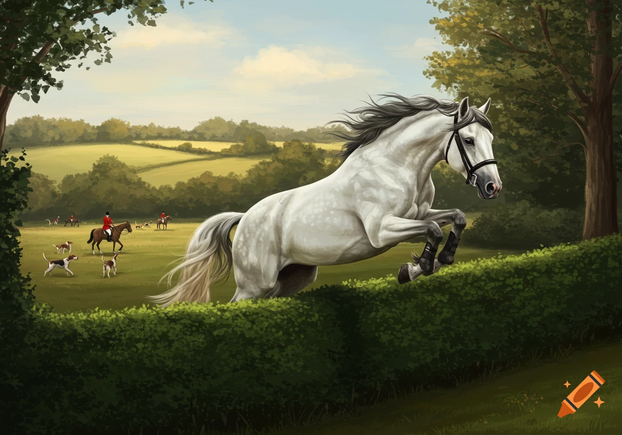 White horse jumping hedge during a hunt in the countryside