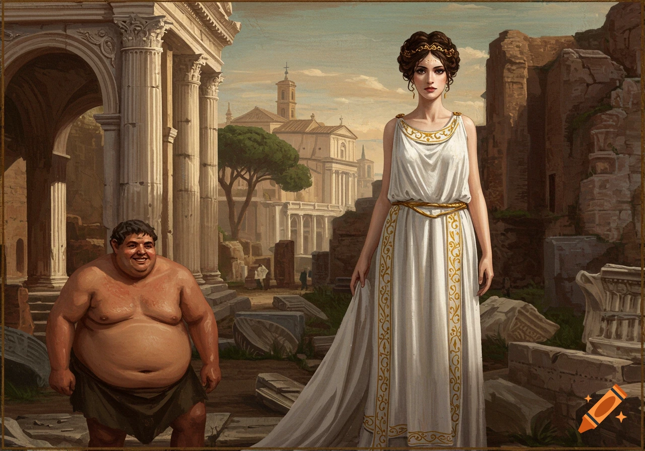 Painting of a large man and a woman in a white dress standing among Roman ruins.