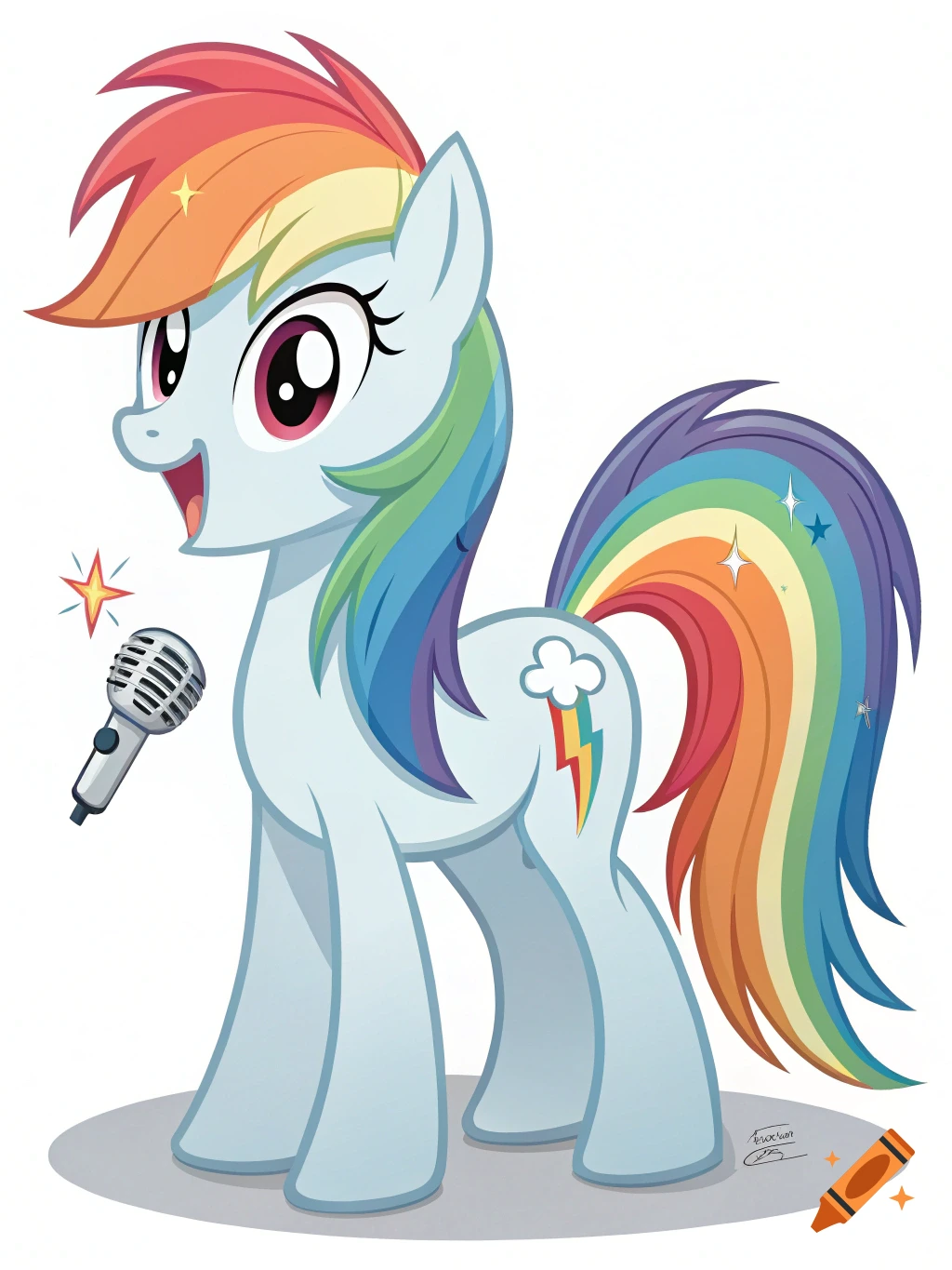 Cartoon pony with rainbow mane and tail holding a microphone.