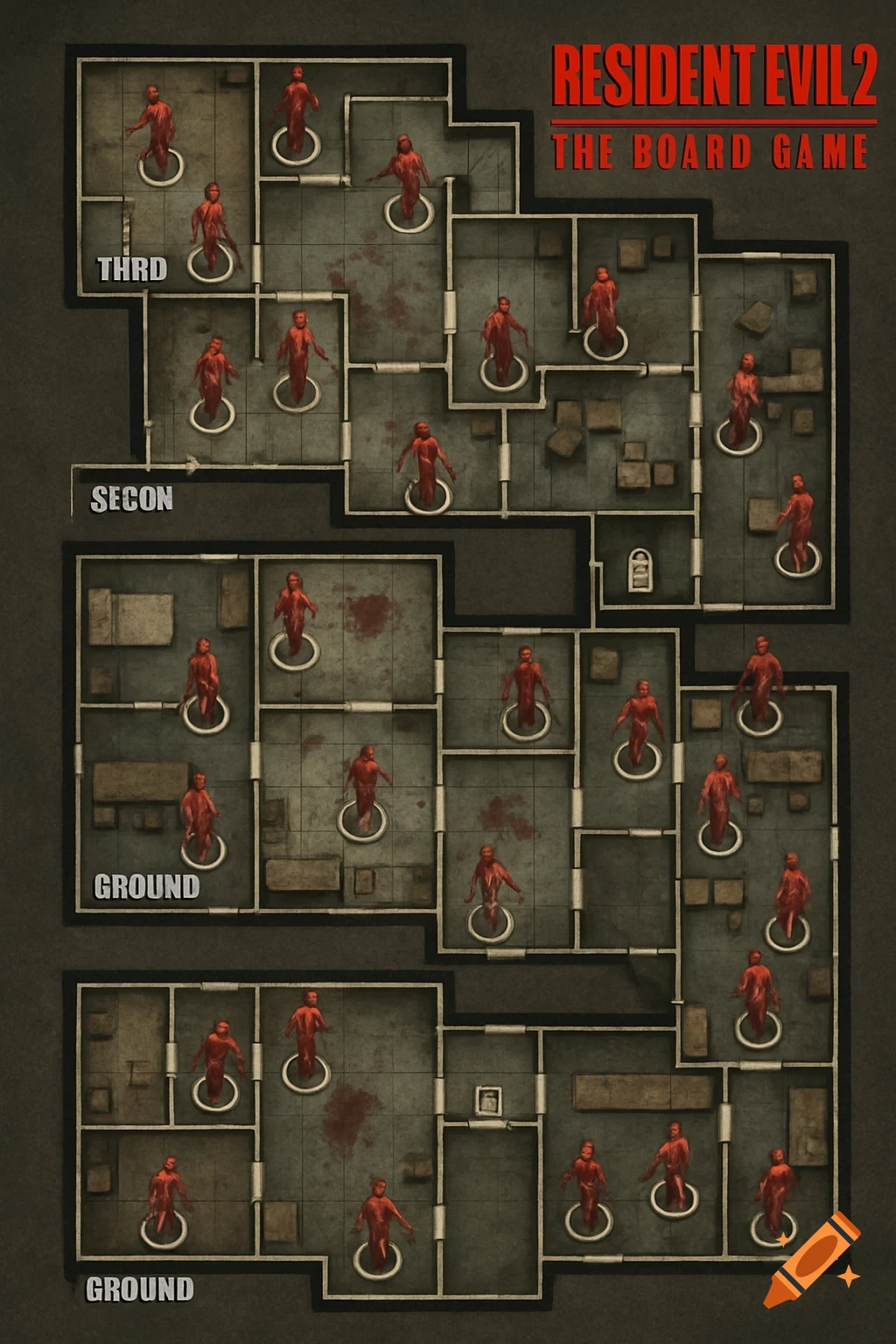 Top-down map for Resident Evil 2 board game with zombie figures on multiple floors.