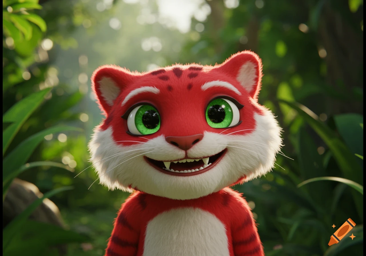 A cartoon red tiger character with green eyes smiles in a jungle setting.