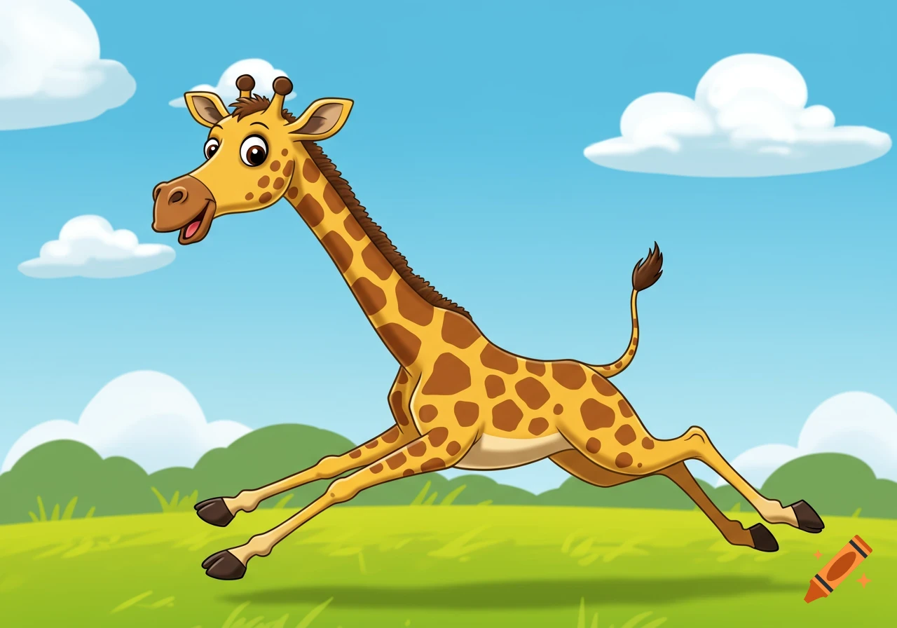 A cartoon giraffe runs across a grassy field under a blue sky.