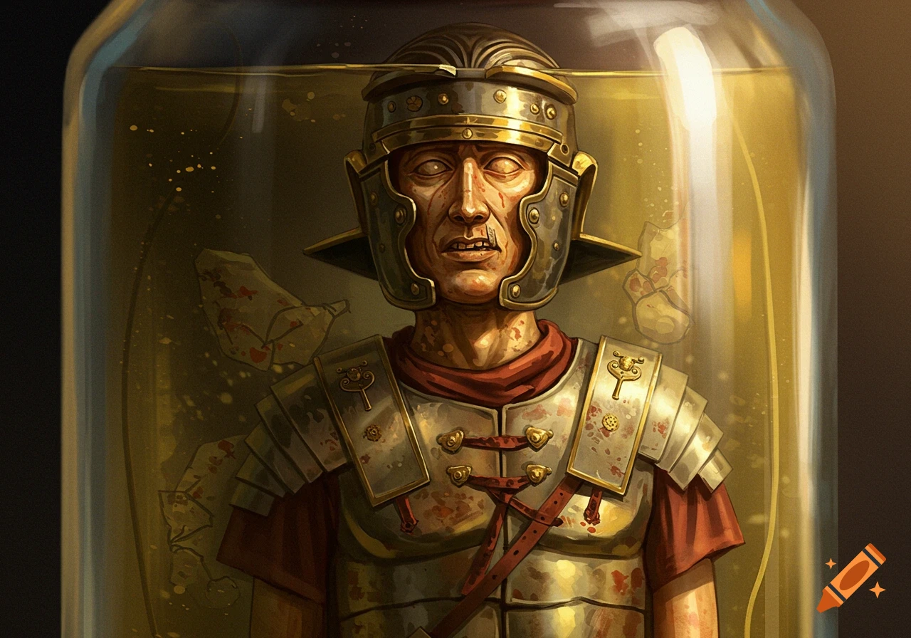 A Roman warrior in full armor preserved inside a jar filled with liquid.