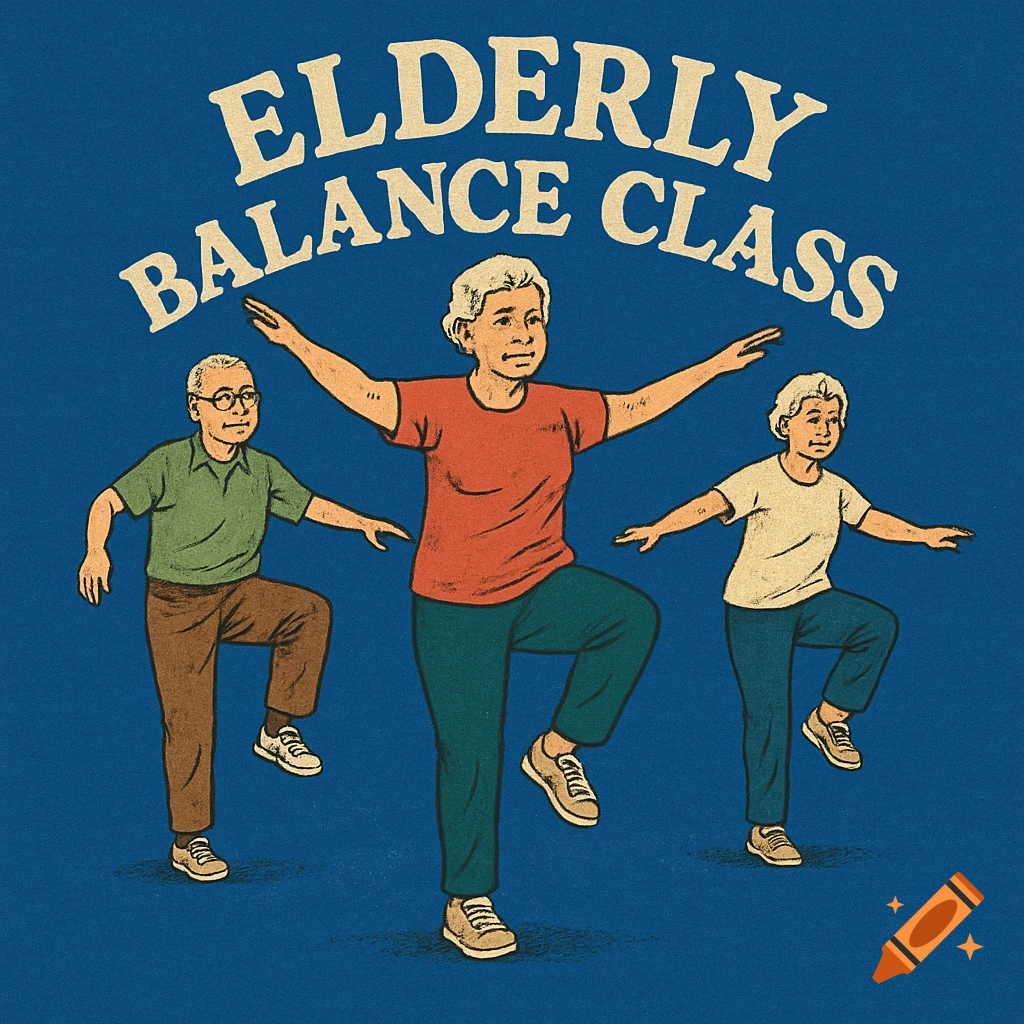 Retro illustration of three elderly people doing balance exercises, with text 'ELDERLY BALANCE CLASS'.