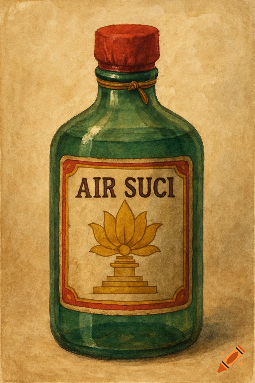 A painting of a green bottle with a label that says AIR SUCI and a gold lotus flower.