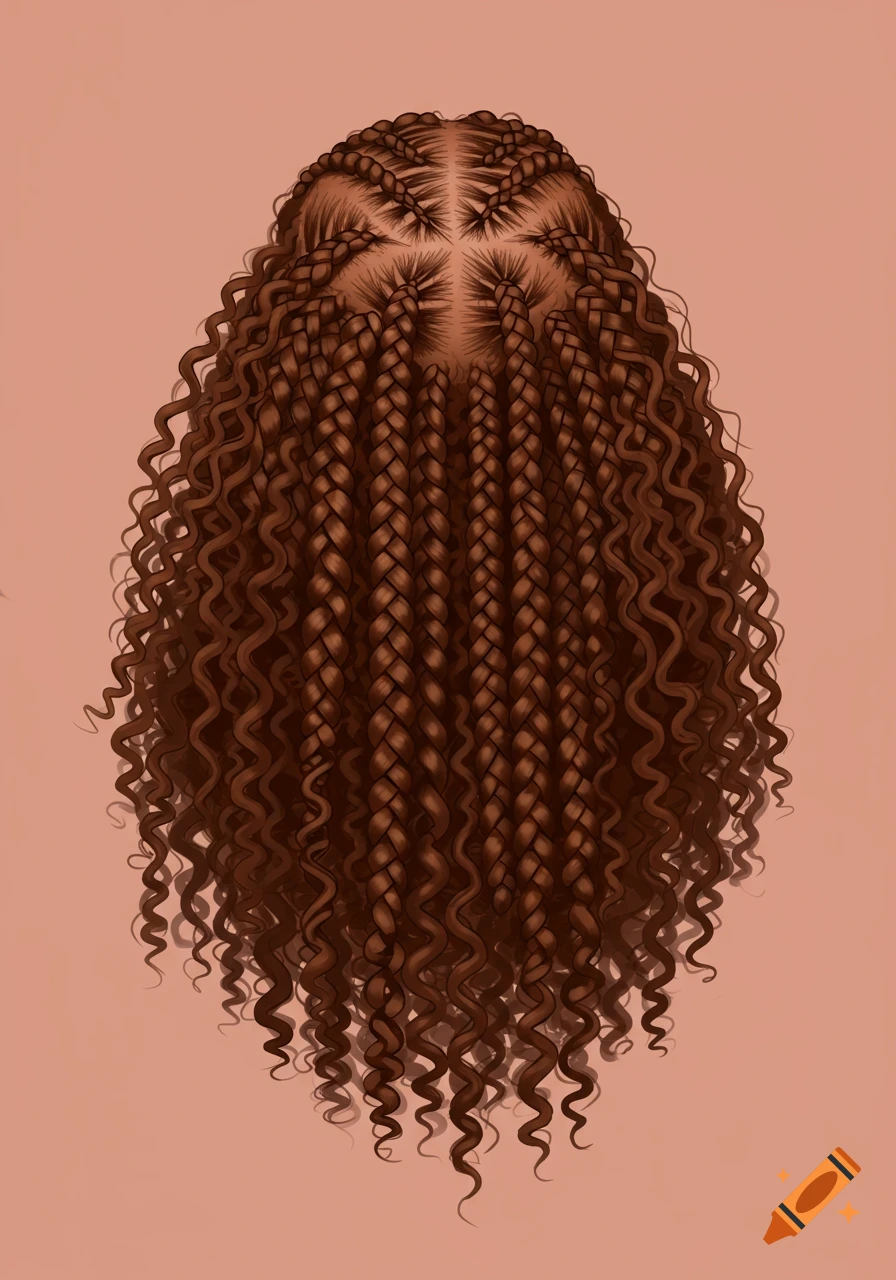 Detailed illustration of dark brown hair in stitch braids with curly ends.