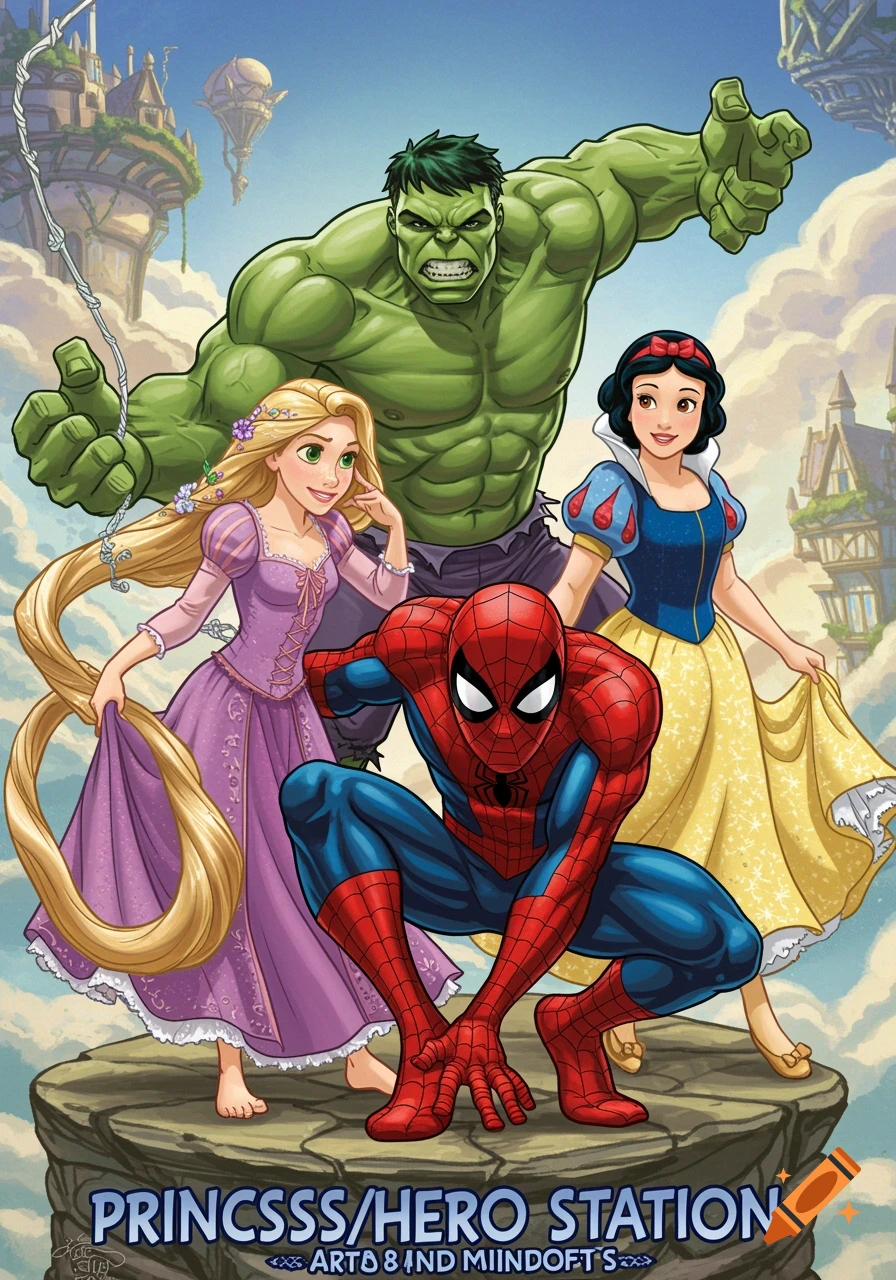 Cartoon illustration of Rapunzel, Snow White, Spider-Man, and Hulk on a floating rock above clouds with castles.