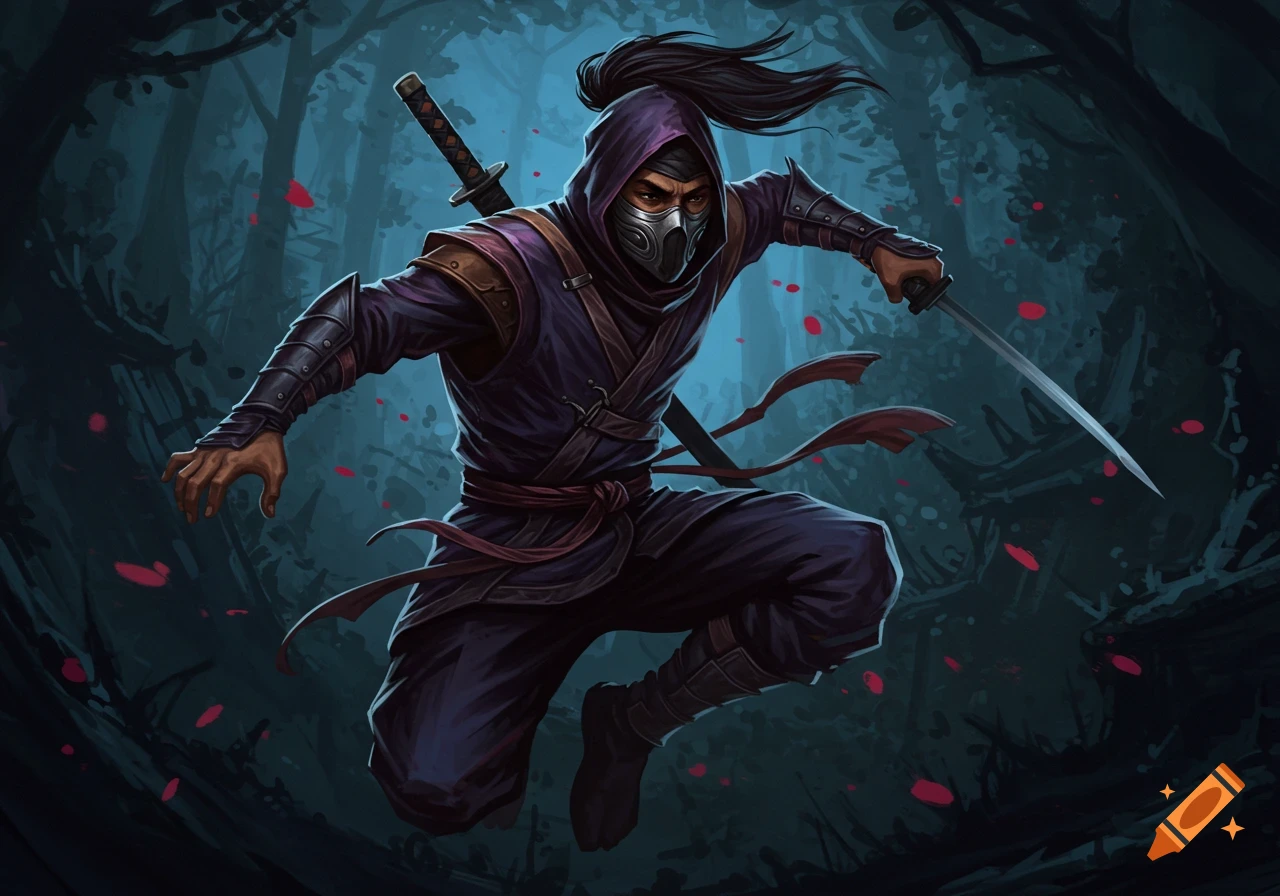 Illustration of a ninja leaping in a dark forest with red petals