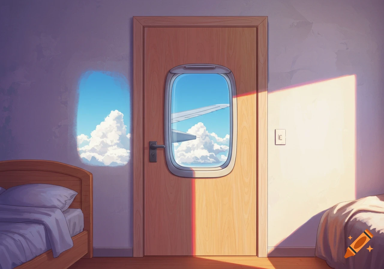 Anime style illustration of a bedroom door with an airplane window showing a plane wing and clouds, lit by sunlight.