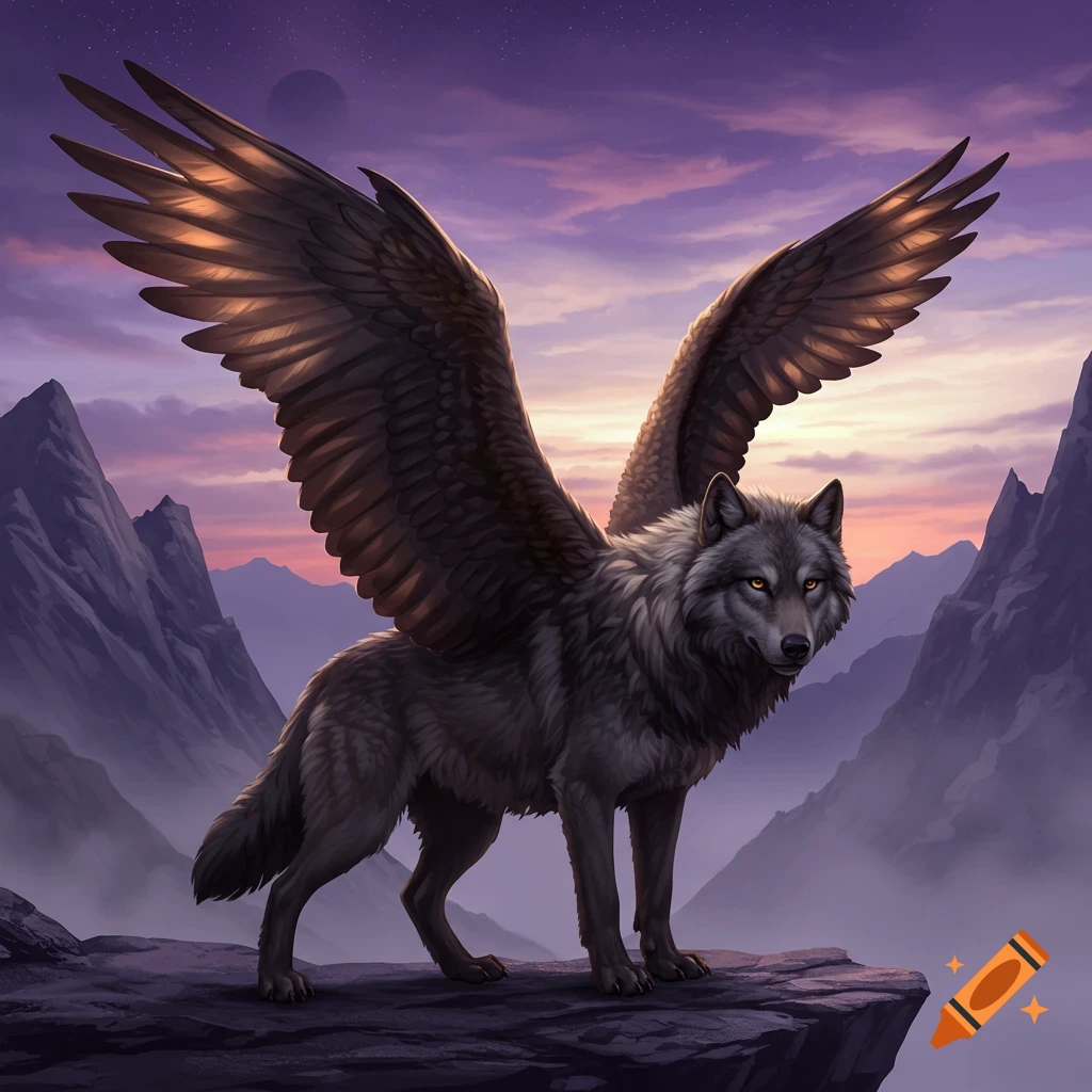 A fantasy image of a winged wolf standing on a cliff overlooking mountains at sunset.