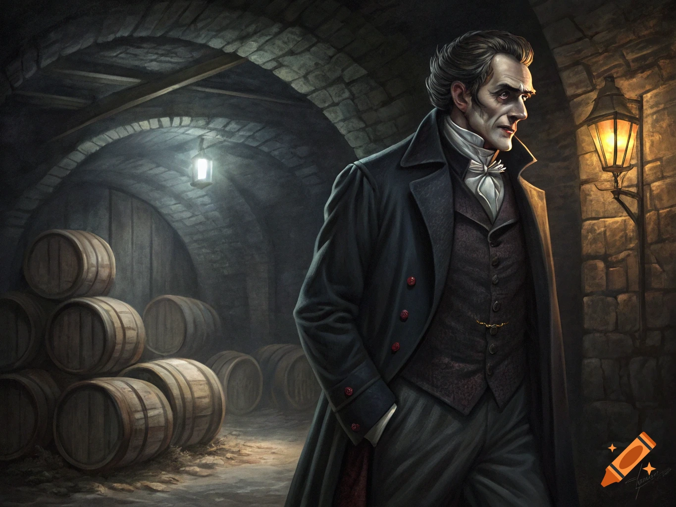 Man in historical clothing stands in a dark, vaulted cellar among barrels, lit by lanterns.