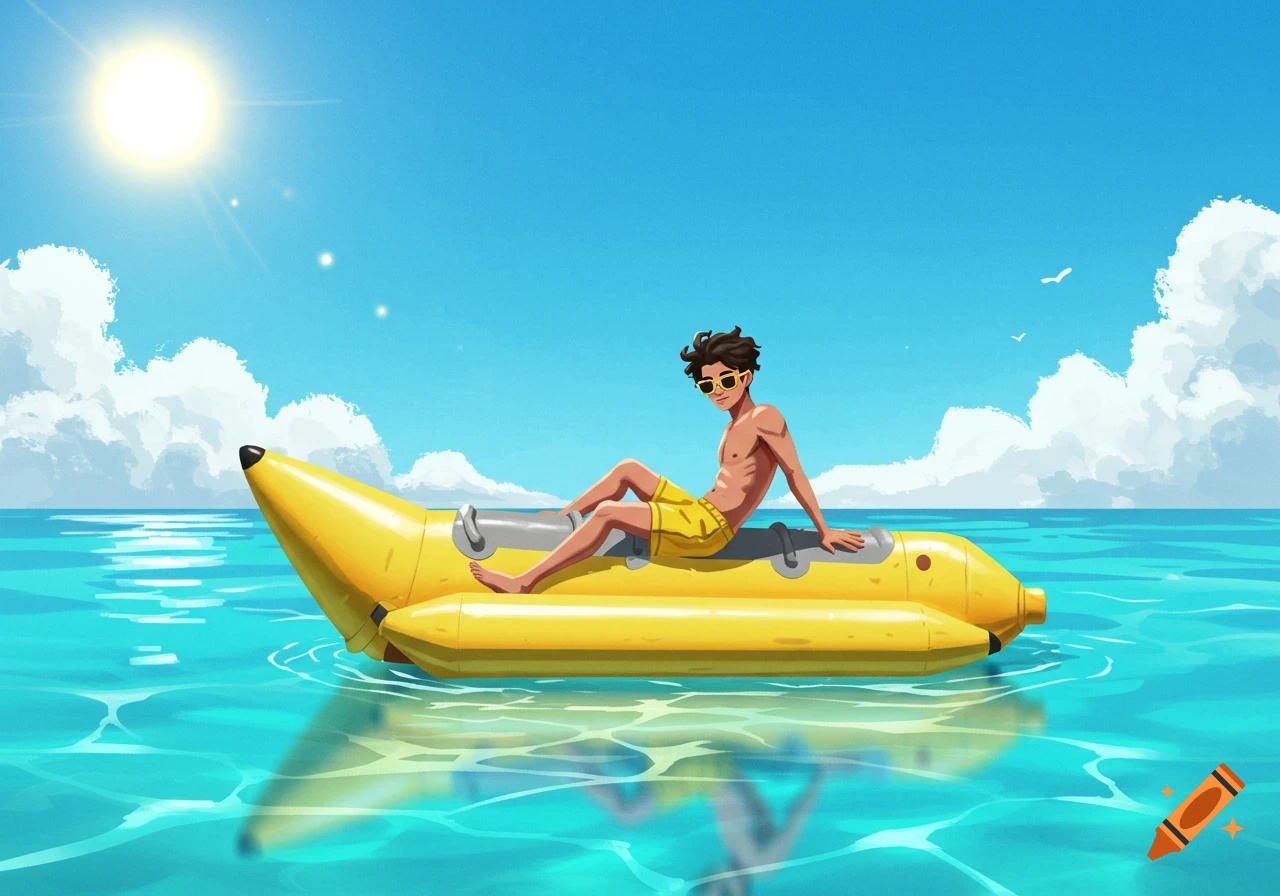 Illustration of a person riding a banana boat on the ocean under a sunny sky.
