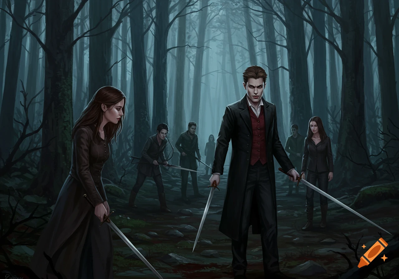 A group of figures, including one prominent man with fangs, stand in a dark forest holding swords in a digital painting style.