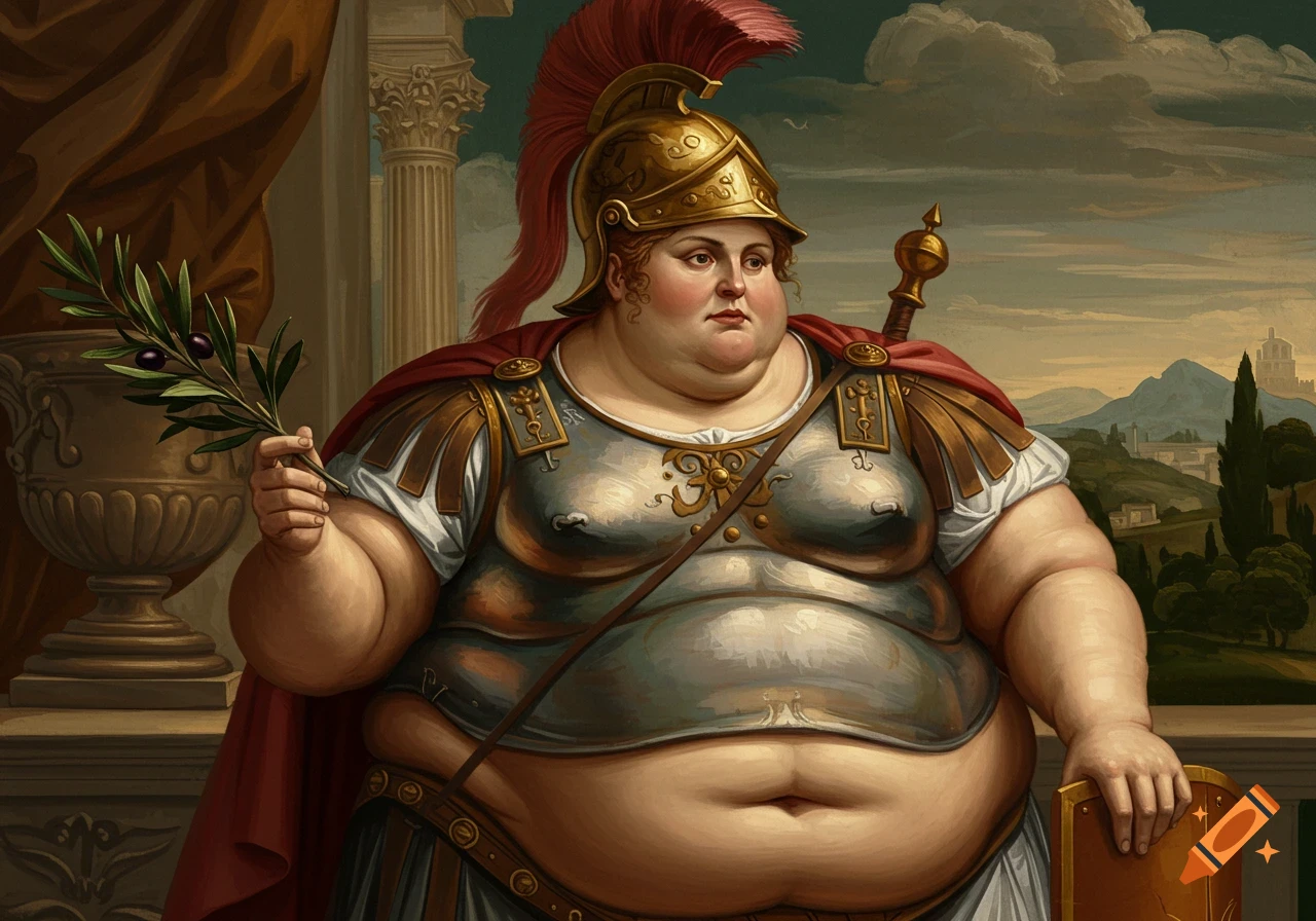 An obese figure in Roman armor and helmet holds an olive branch in a classical setting.