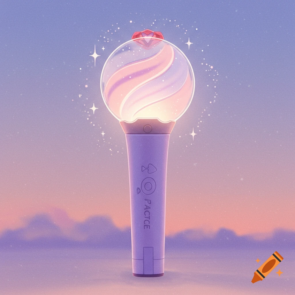 A purple lightstick with a glowing pastel sphere and heart crystal against a sunset sky.