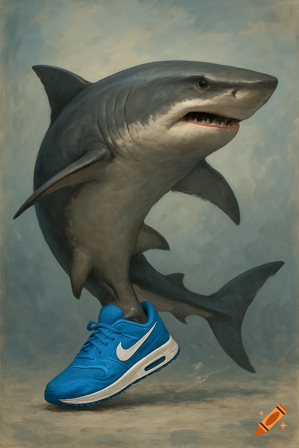 A great white shark wearing a blue Nike shoe, painted digitally.