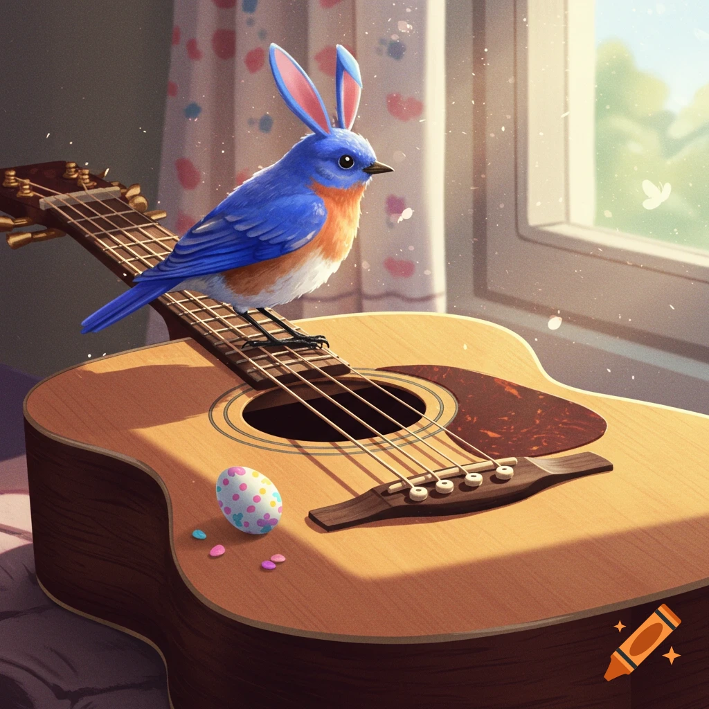 A bluebird with bunny ears sits on an acoustic guitar next to an Easter egg.
