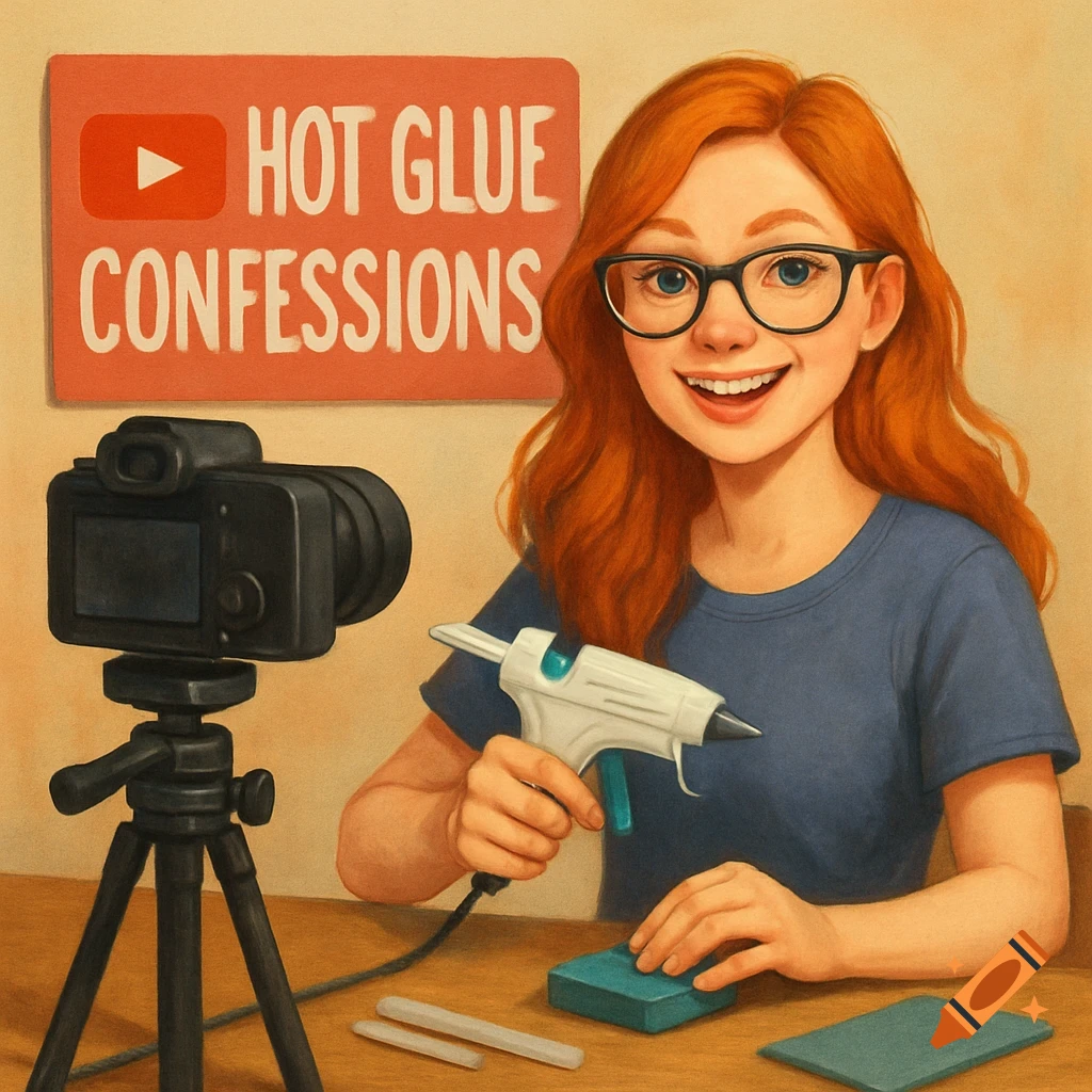 A smiling young woman with red hair and glasses holds a hot glue gun, sitting at a table with a camera and a sign that says "Hot Glue Confessions".