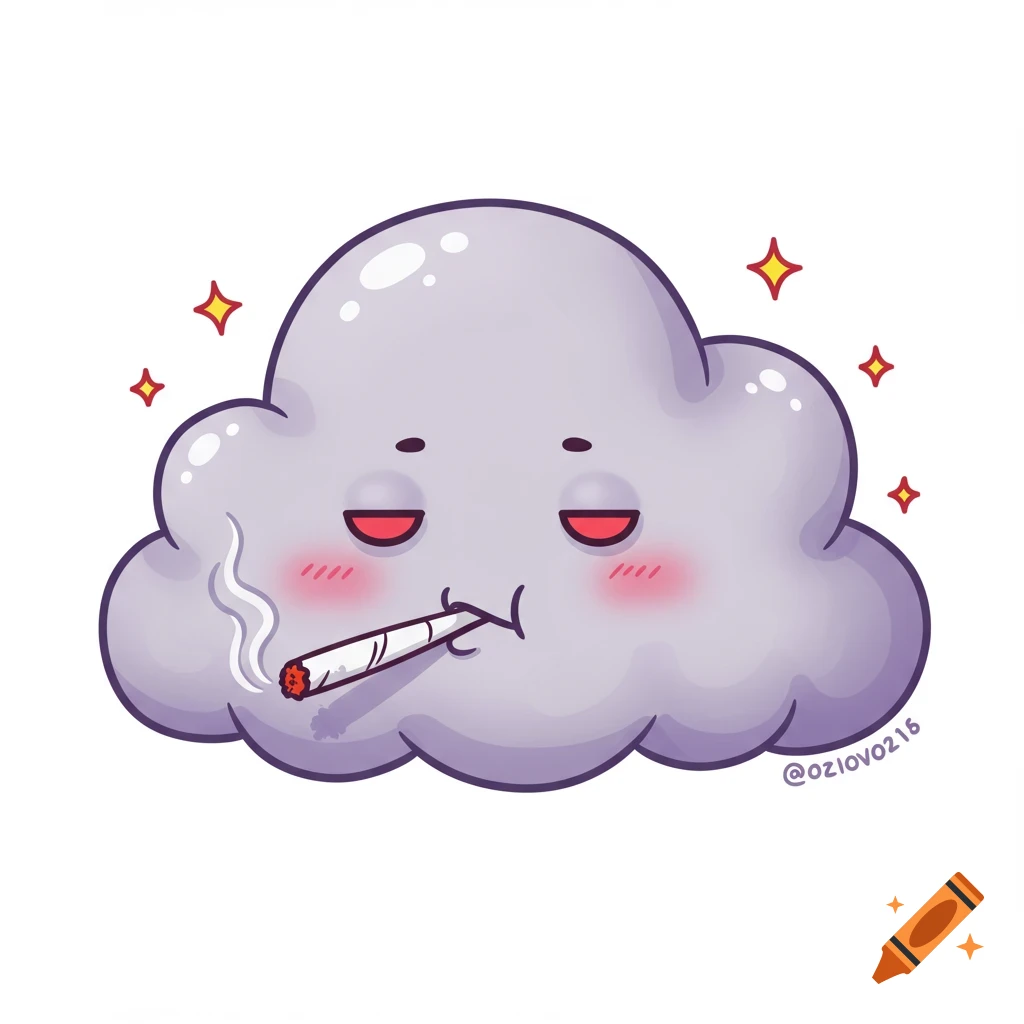 Cute cartoon cloud character smoking a joint with sleepy eyes.