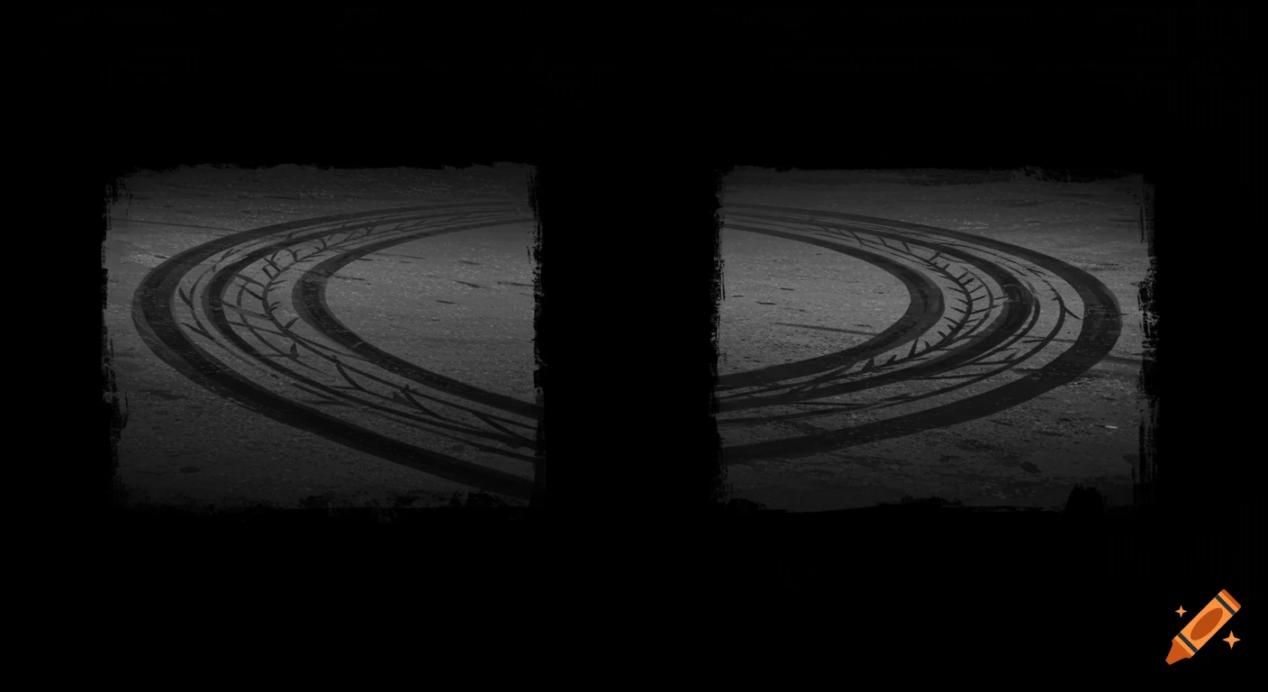 Two curved tire burnout marks on asphalt in grayscale with rough borders.