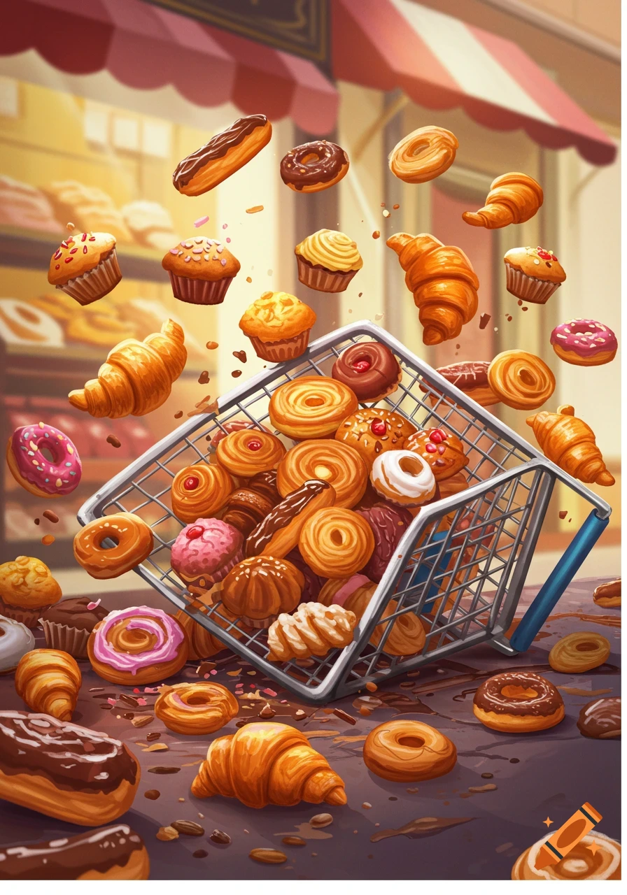 Stylized illustration of pastries spilling from a crashed trolley in a bakery.