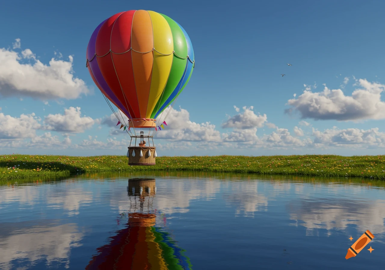 A rainbow hot air balloon reflected in a lake over a field of flowers. 3D render.