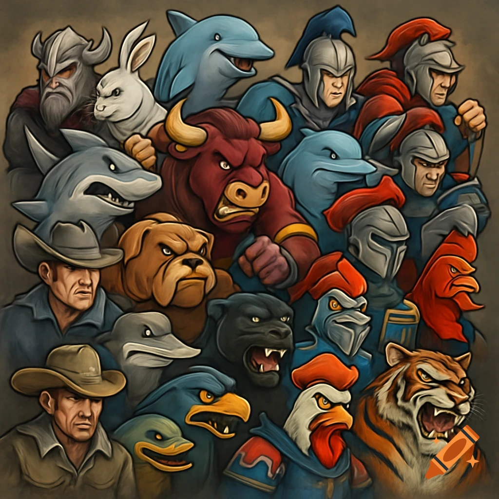 Collage of various angry cartoon mascots including animals like sharks, bulls, tigers, and humans.