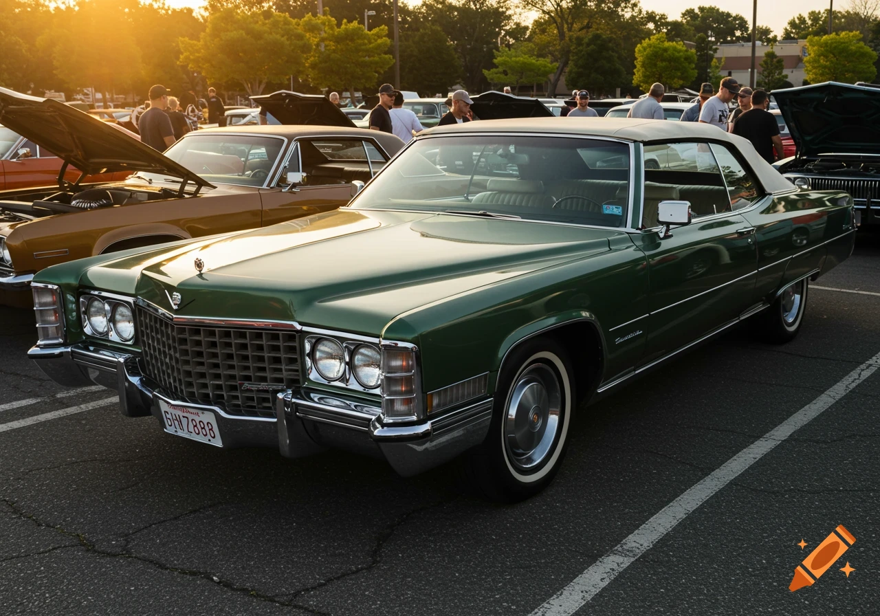 Green classic Cadillac parked at an outdoor car show at sunset