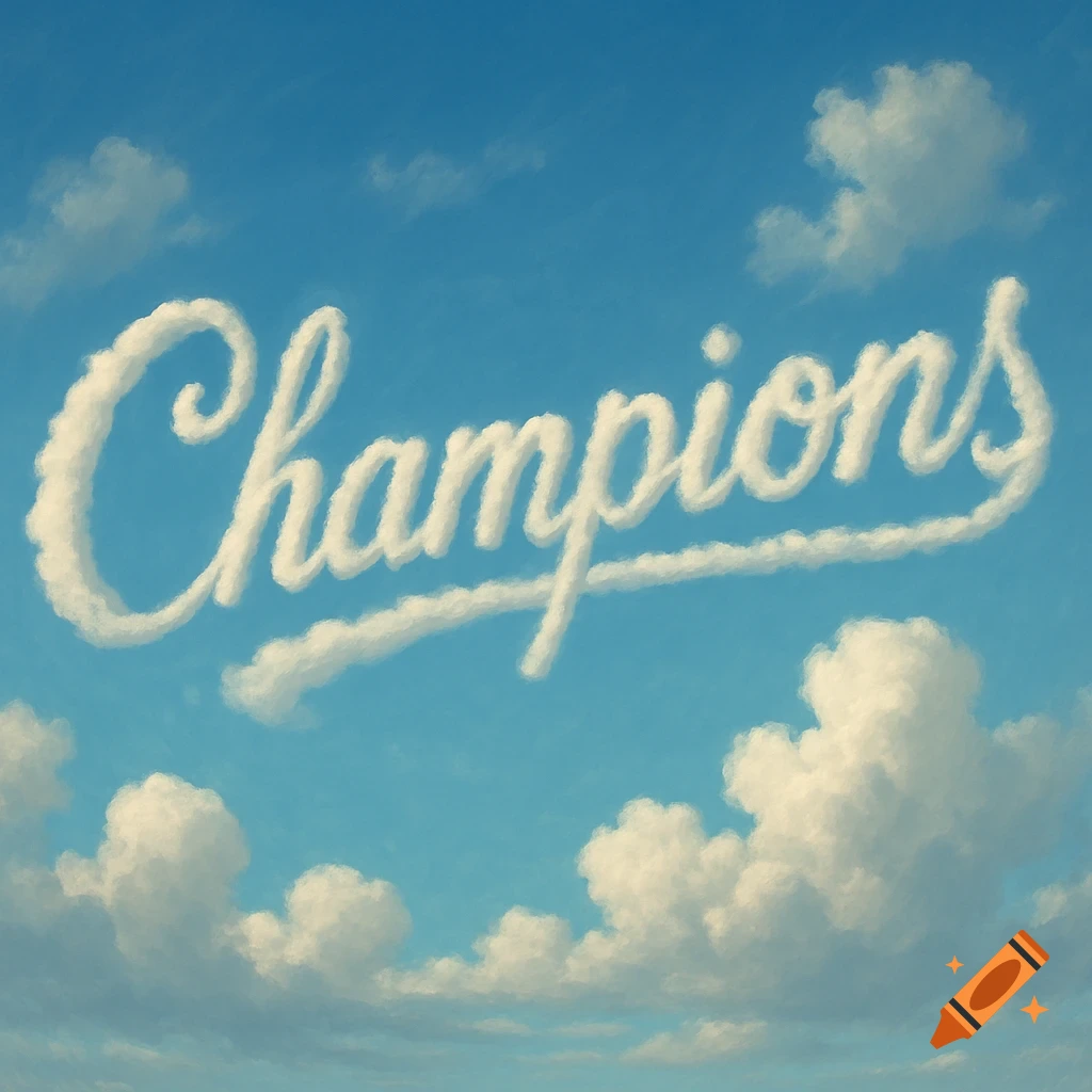 The word Champions spelled out by white clouds in a blue sky.