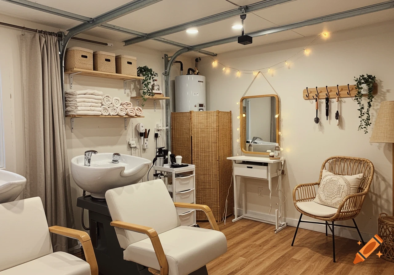 A cozy home hair salon setup with a shampoo bowl, chairs, shelves, mirror, and string lights.