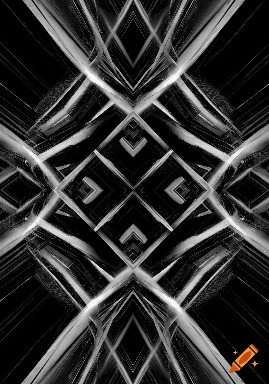 Black and white abstract drawing forming an optical illusion with geometric lines and shapes.