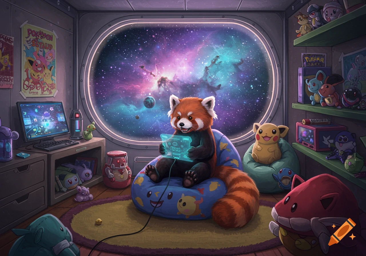 Illustration of a red panda playing a game in a space room with Pokemon plushies and a window view of a nebula.