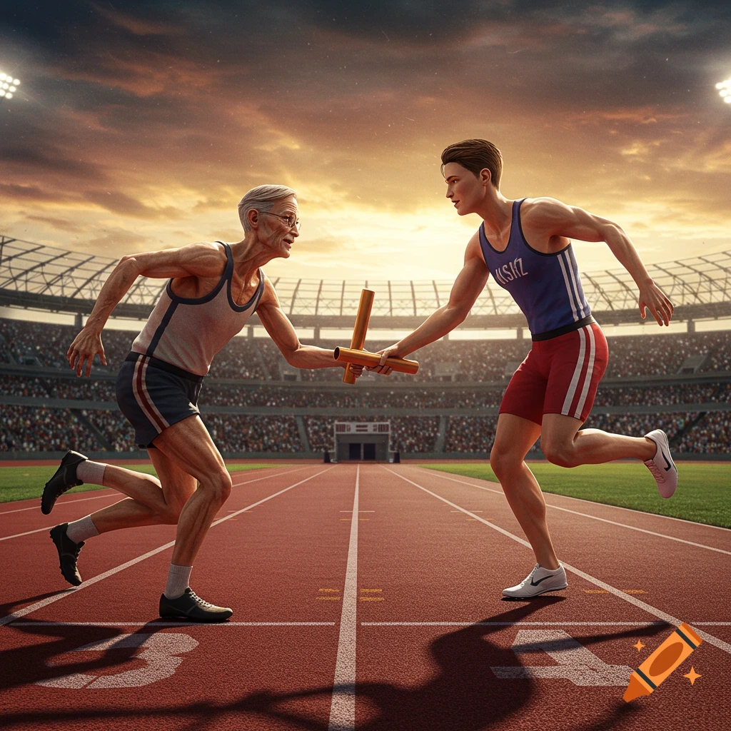 An older man passes a baton to a younger man during a relay race in a stadium at sunset, photorealistic style.