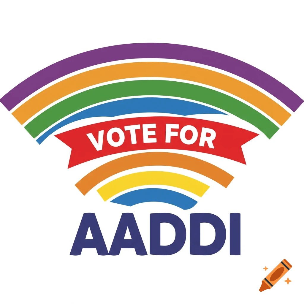 A graphic with a rainbow arching over the text VOTE FOR AADDI on a red banner.