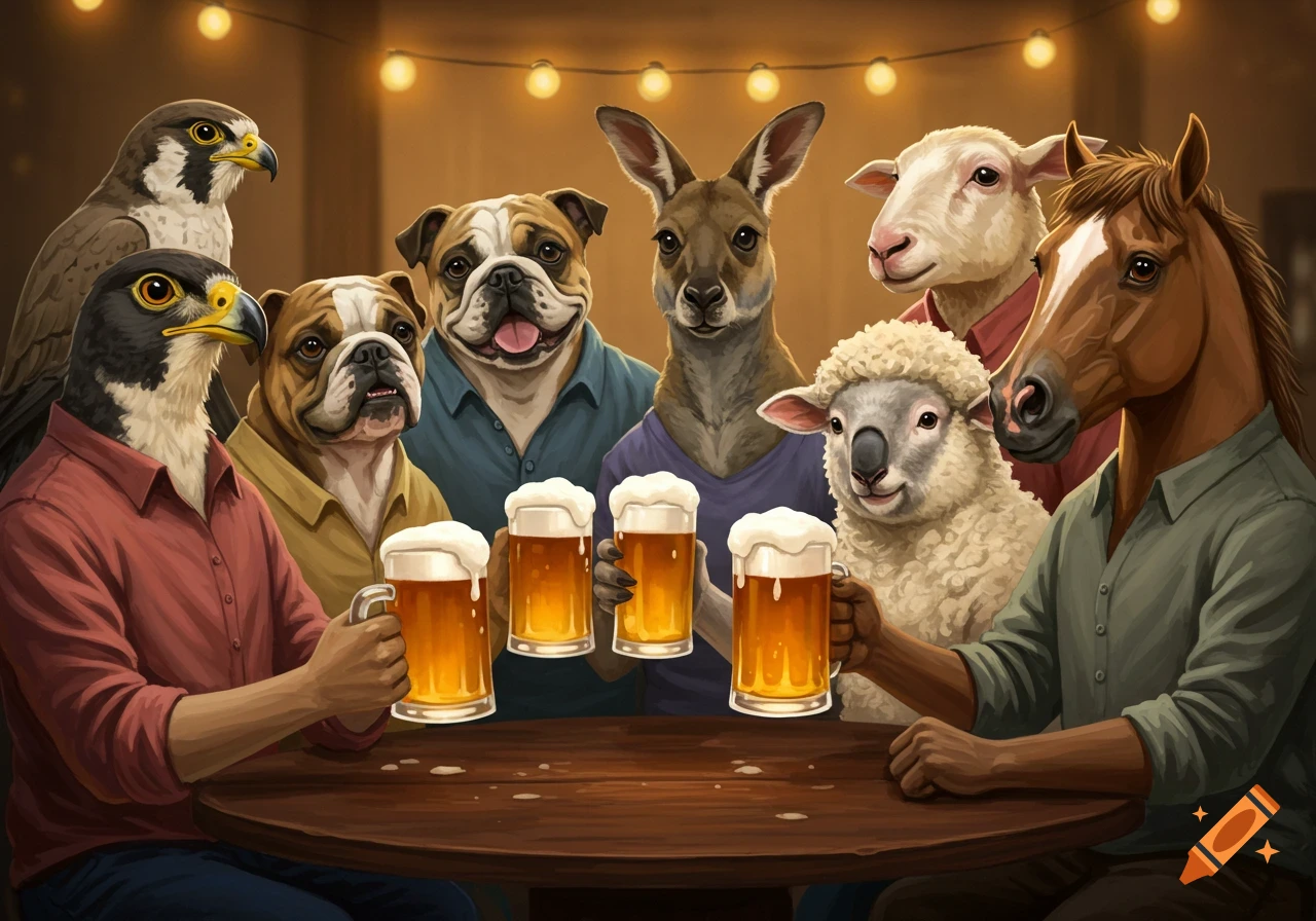 Anthropomorphic animals including a falcon, bulldogs, a kangaroo, sheep, and a horse drinking beer at a table in a bar.
