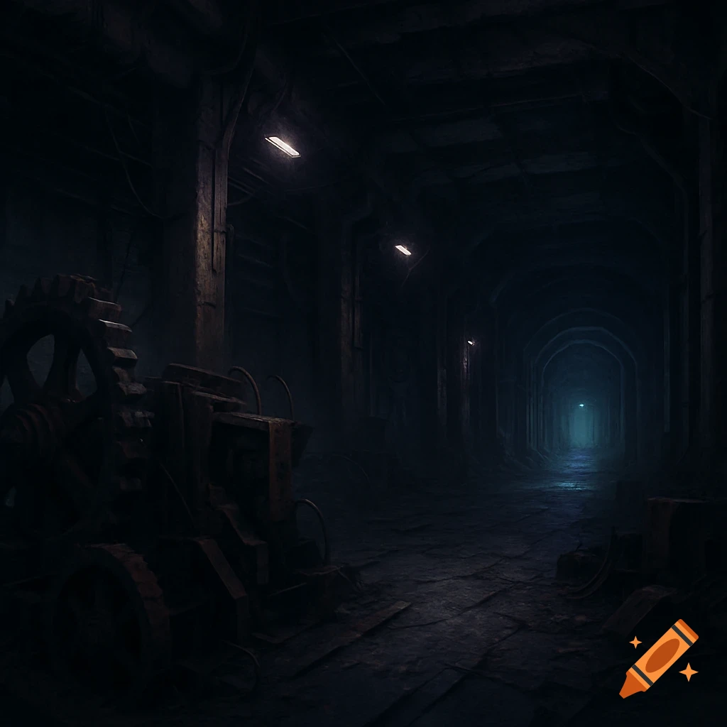 A dark, atmospheric view of an abandoned underground industrial area with large gears and machinery, leading to a dark tunnel.
