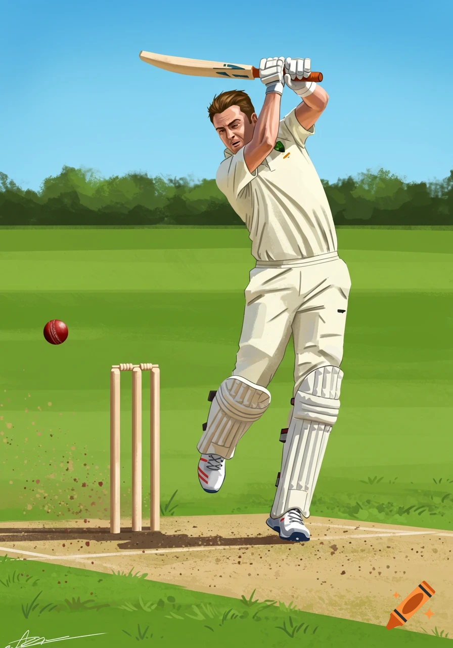Illustration of a cricket player performing a reverse sweep shot.