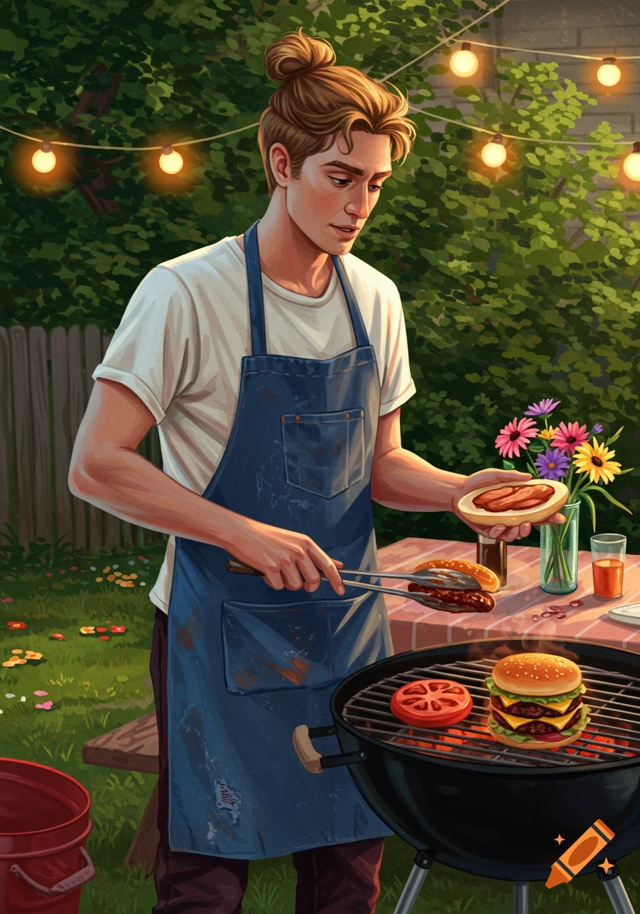 Illustrative style man grilling burgers and hot dogs in a backyard at dusk.