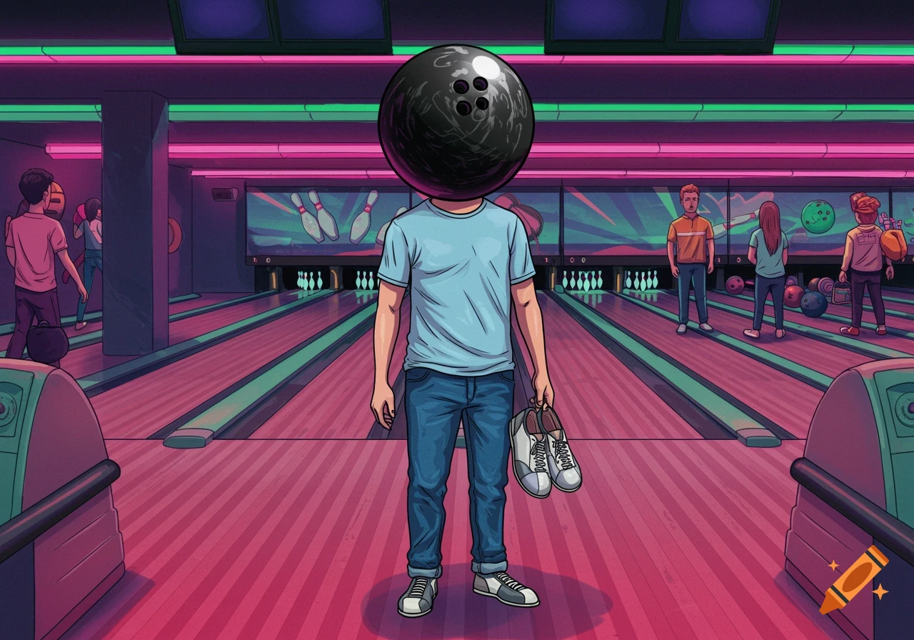 Illustration of a person with a bowling ball for a head standing in a neon-lit bowling alley holding bowling shoes.