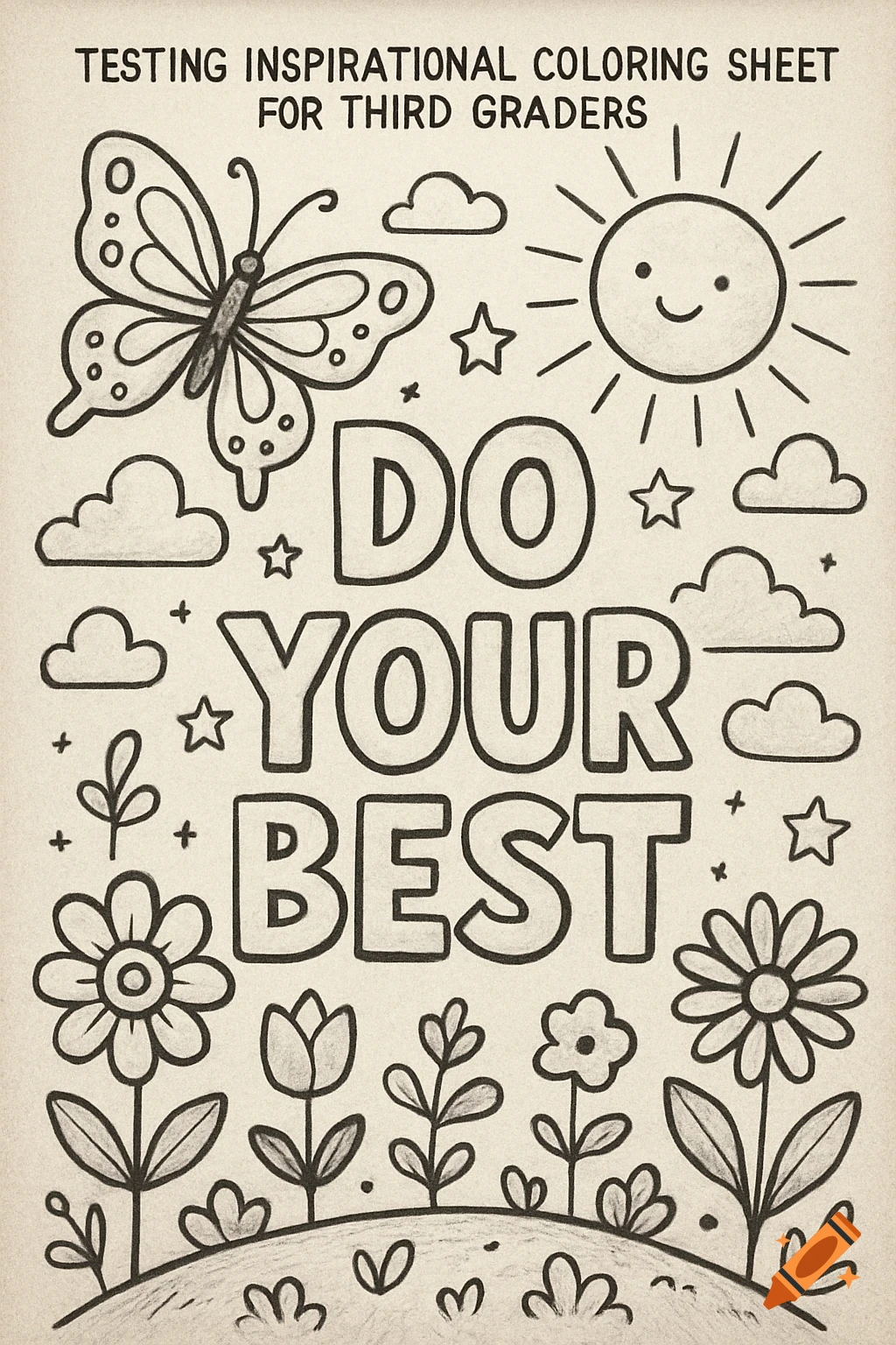 Coloring sheet with a butterfly, sun, flowers, and text 'DO YOUR BEST' in a simple drawing style.