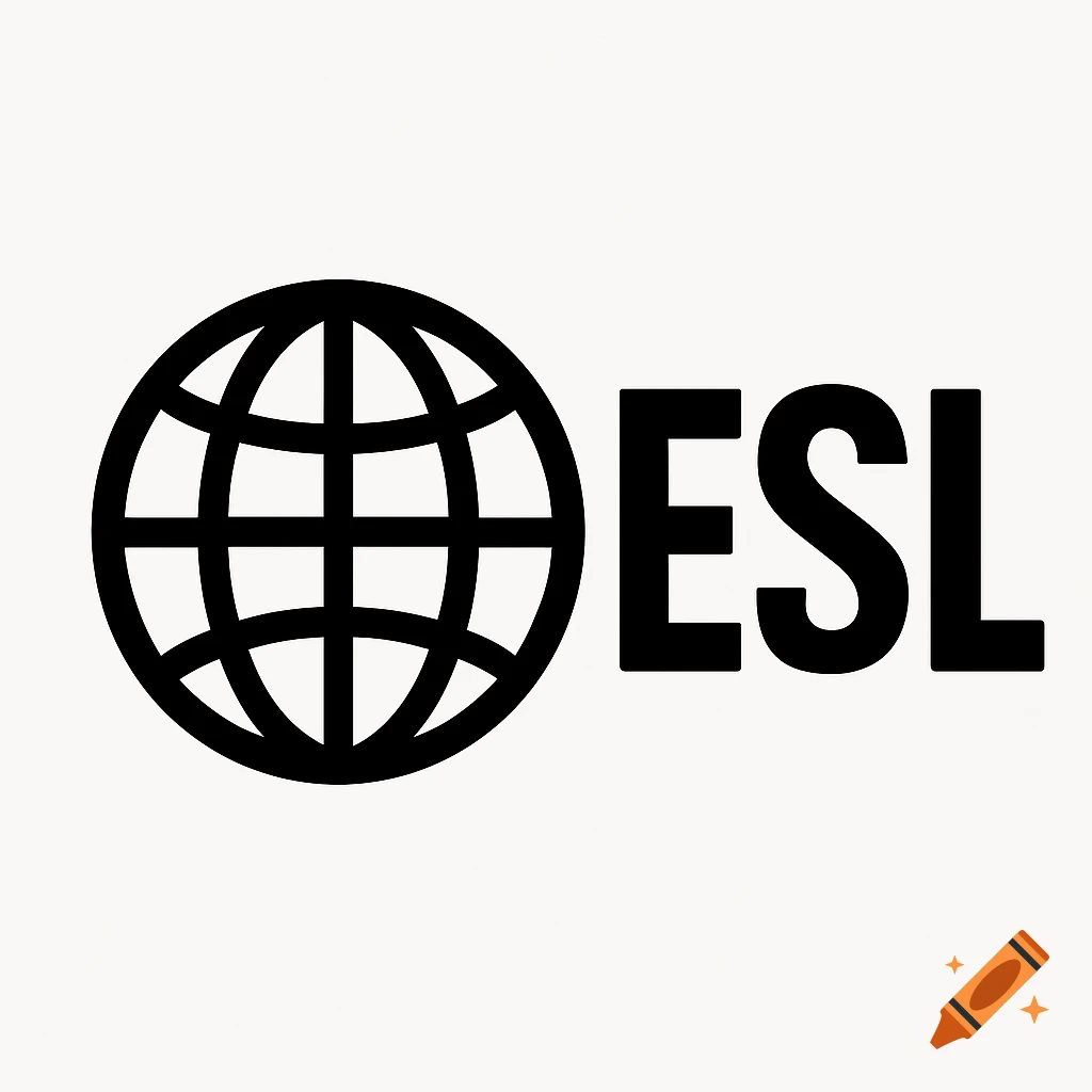 Black logo with a globe icon and the letters ESL on a white background, clip art style.