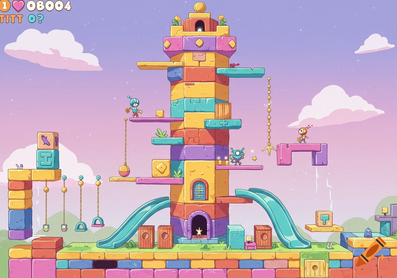 Colorful cartoon game level with a tower and platforms.