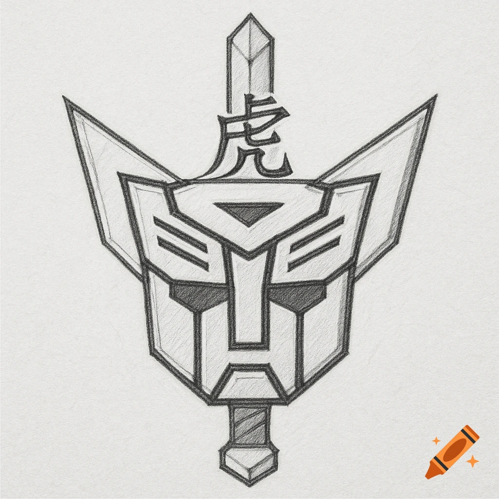 Pencil sketch of an emblem combining a transformer face, sword, and the Chinese character for tiger.