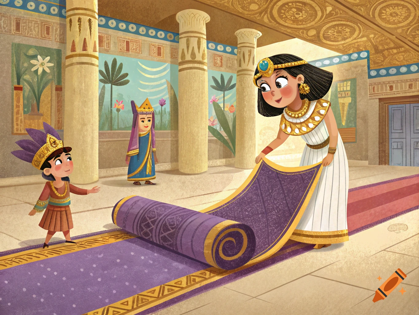 Cartoon illustration of Cleopatra rolling out a purple carpet in an Egyptian palace as a child watches.