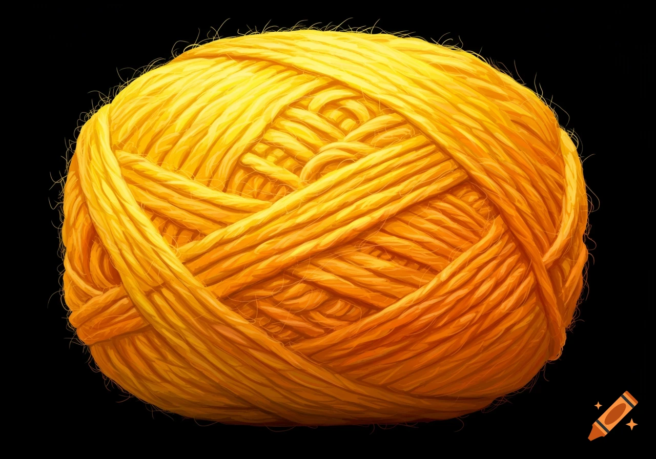 A close-up of a ball of bright yellow yarn on a black background.