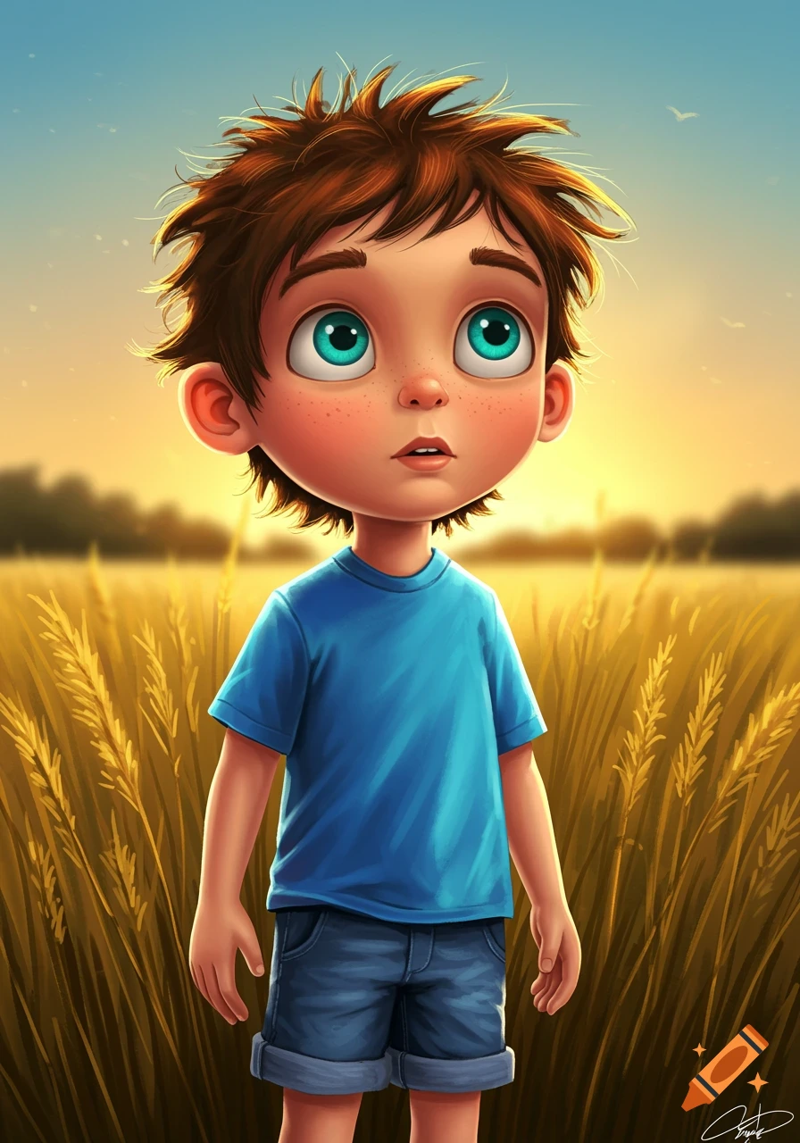 Cartoon illustration of a boy with brown hair and big blue eyes standing in a field of wheat.
