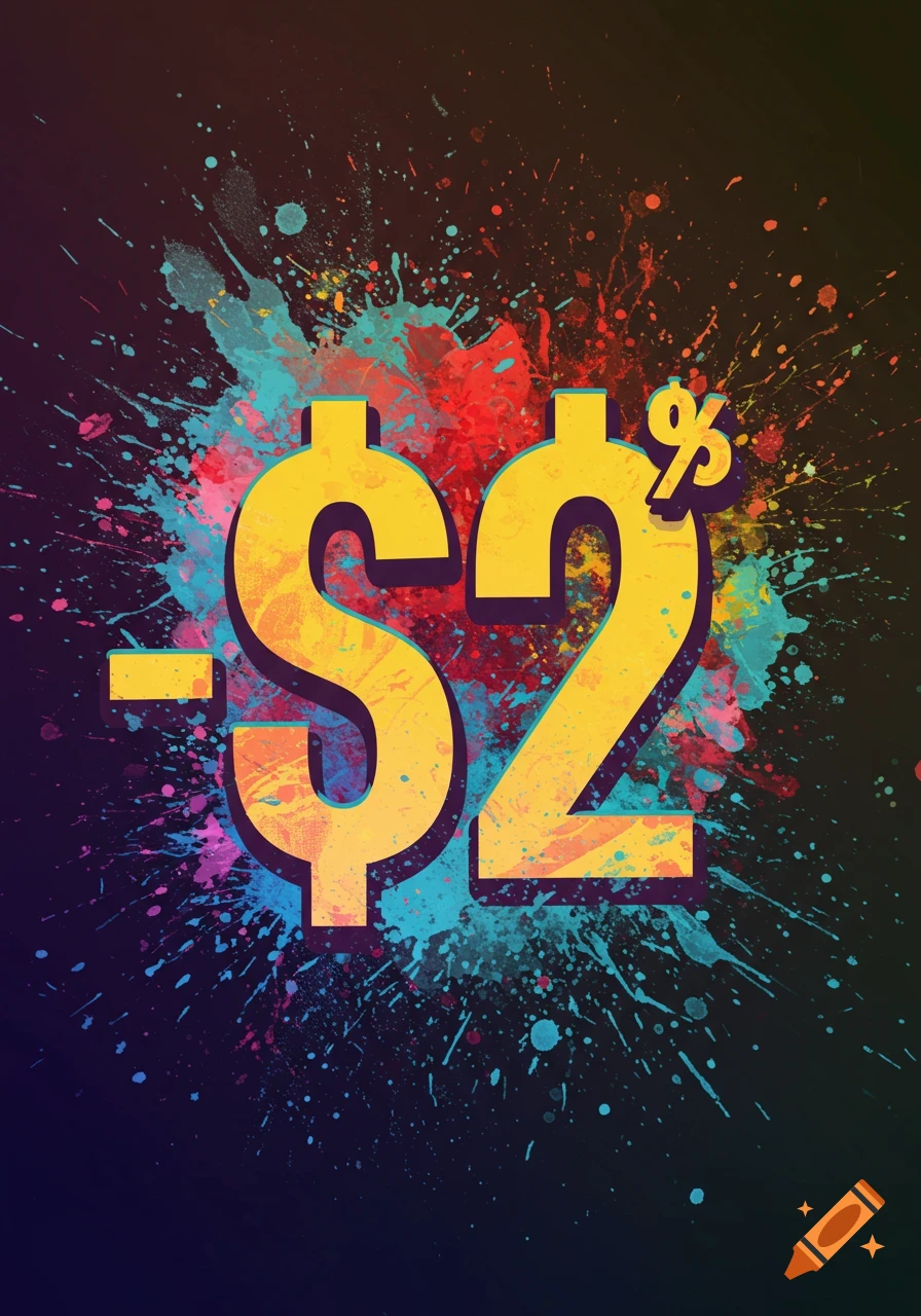 Yellow text "-$2%" over vibrant red, blue, and pink paint splatters on a dark background.