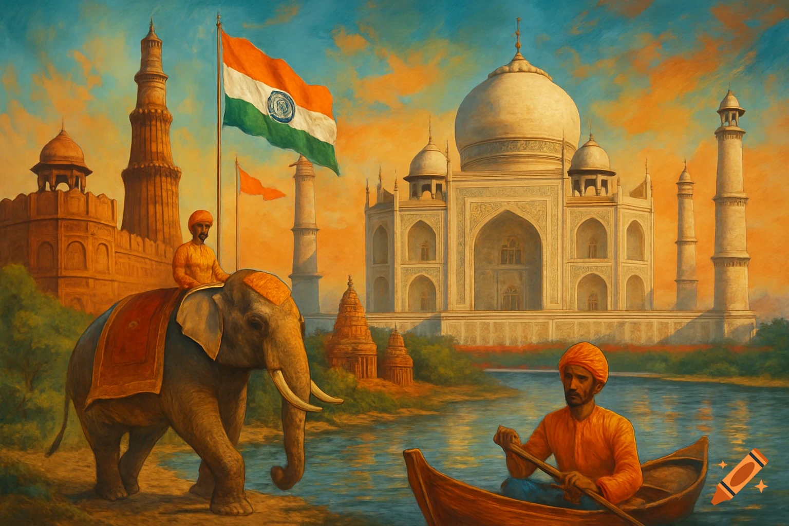 Painting of an elephant, rider, man in boat, and Indian landmarks including the Taj Mahal with a flag.