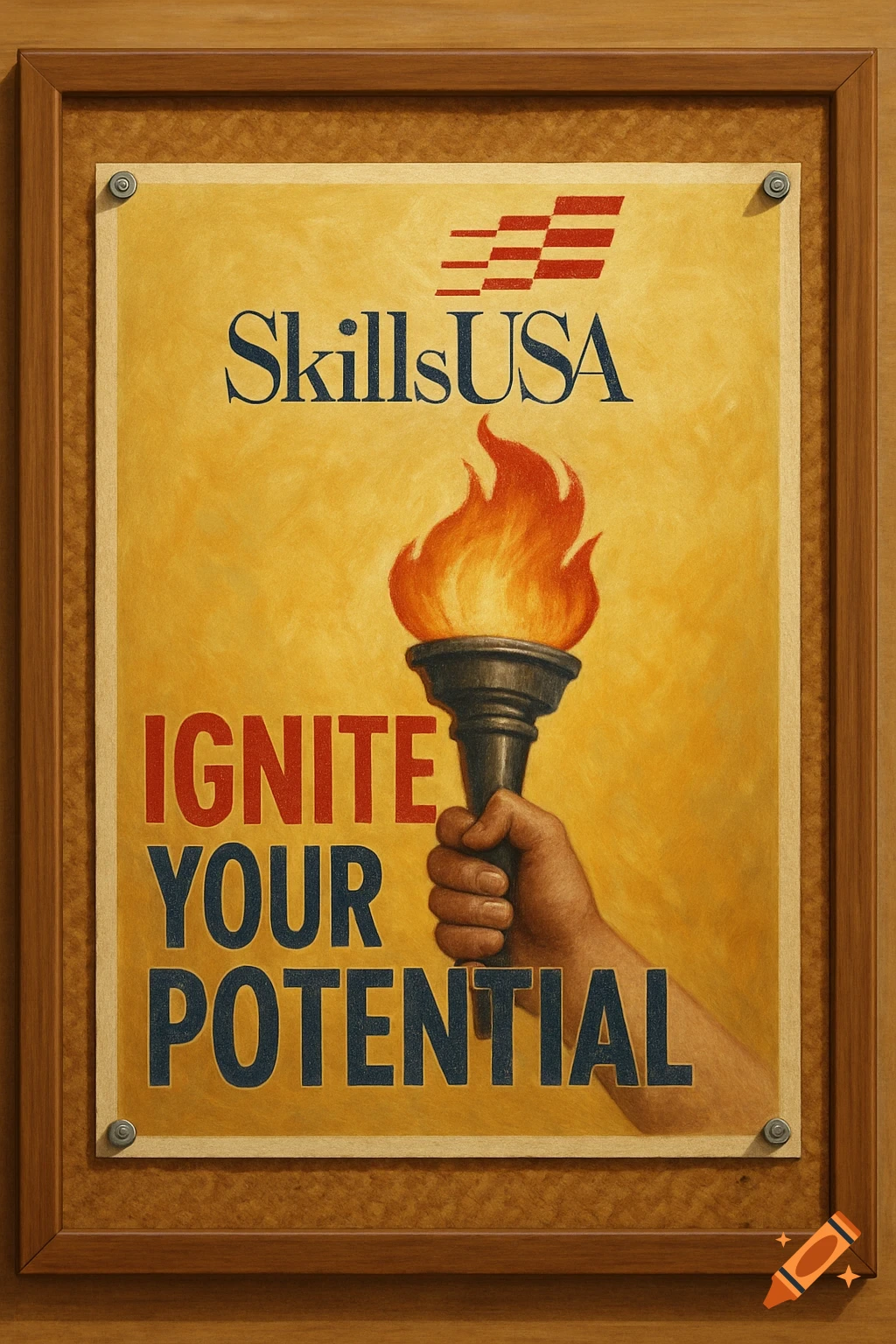 Illustration of a poster on a bulletin board with a hand holding a flaming torch and text: SkillsUSA Ignite Your Potential.